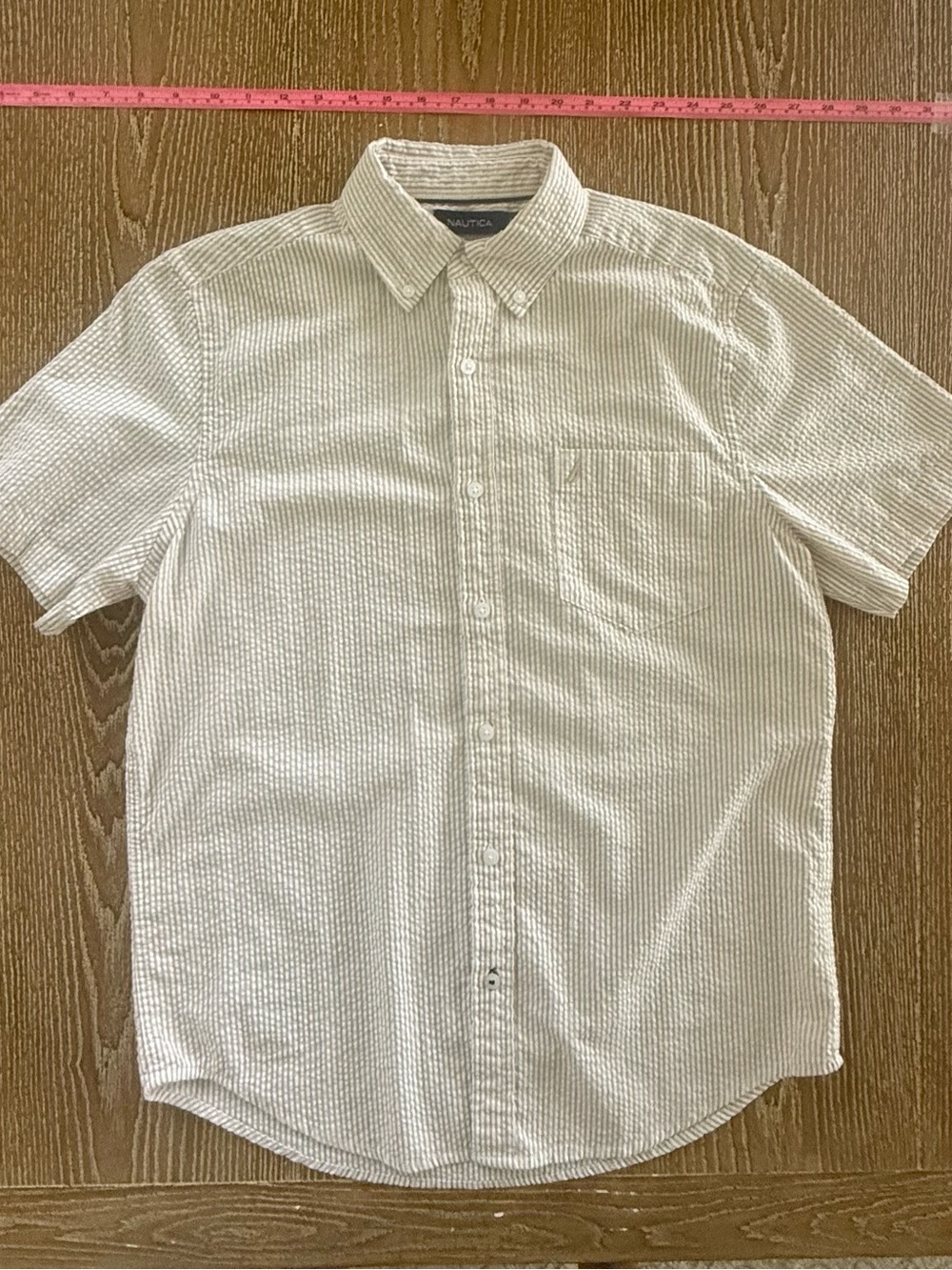 Nautica Short-Sleeve Button-Down Shirt - White with Light Cream Stripe